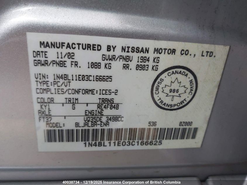 2003 Nissan Altima Se VIN: 1N4BL11E03C166625 Lot: 40038734