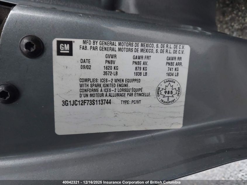 2003 Chevrolet Cavalier VIN: 3G1JC12F73S113744 Lot: 40042321