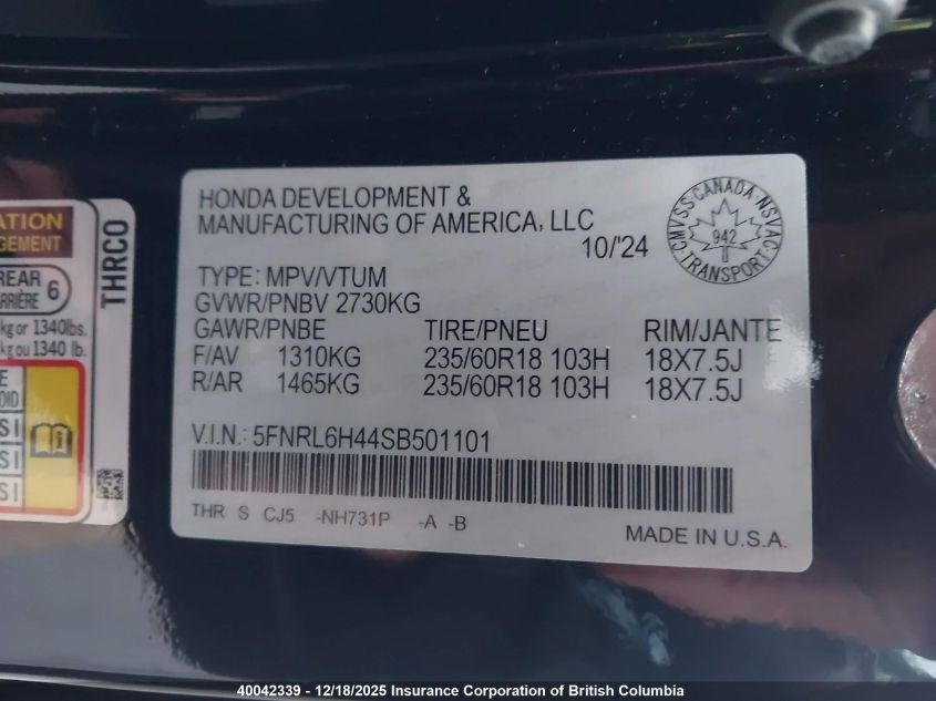 2025 Honda Odyssey Sport VIN: 5FNRL6H44SB501101 Lot: 40042339