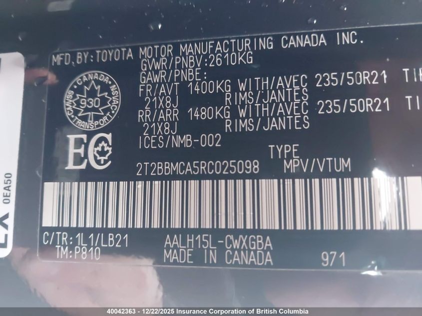 2024 Lexus Rx 350H VIN: 2T2BBMCA5RC025098 Lot: 40042363