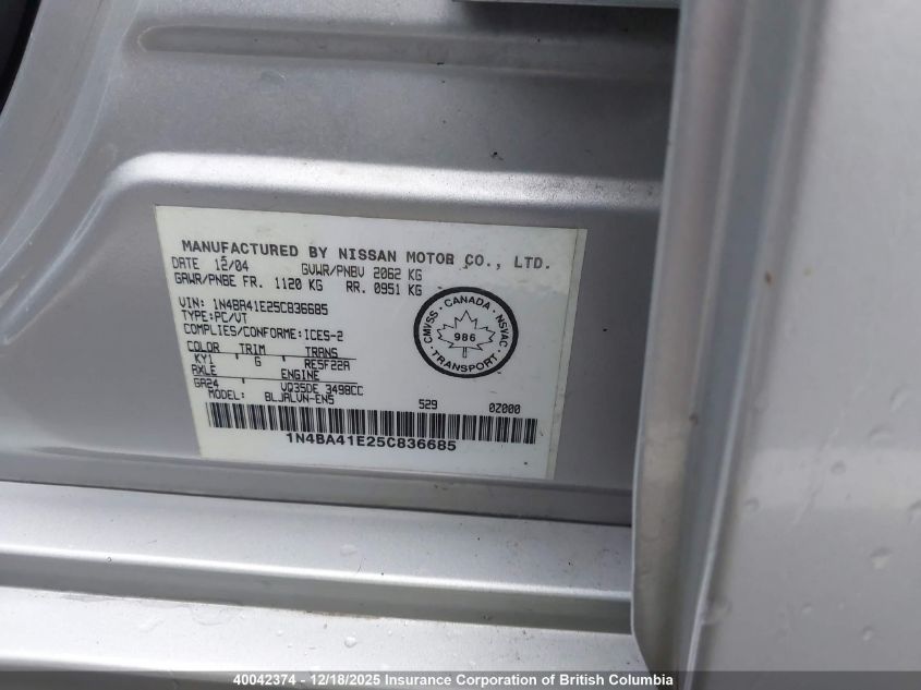 2005 Nissan Maxima Se/Sl VIN: 1N4BA41E25C836685 Lot: 40042374
