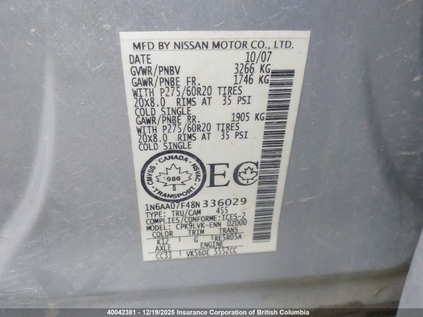 2008 Nissan Titan VIN: 1N6AA07F48N336029 Lot: 40042381