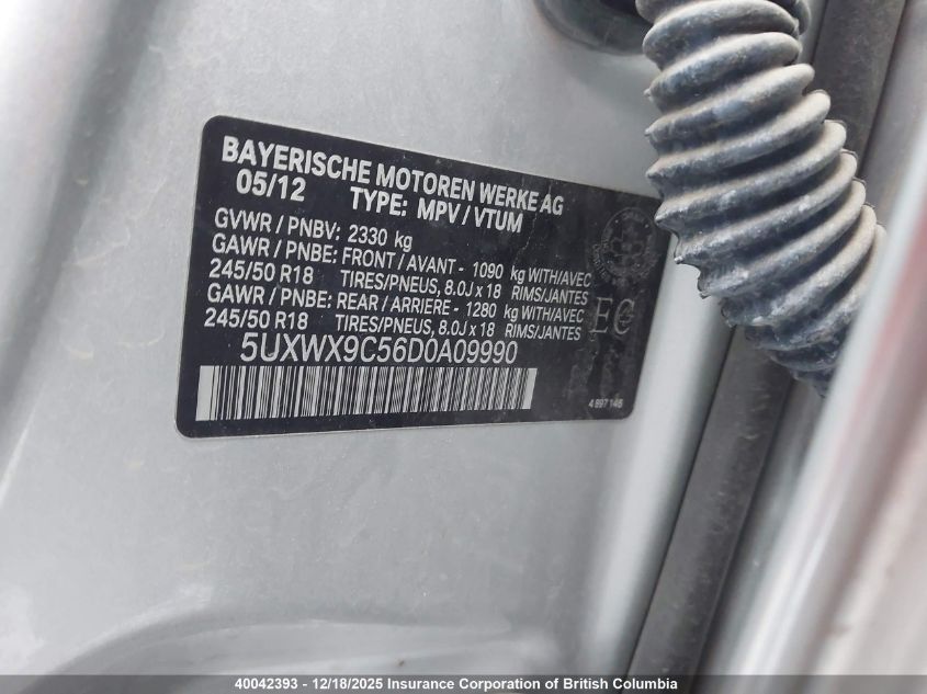 2013 BMW X3 VIN: 5UXWX9C56D0A09990 Lot: 40042393