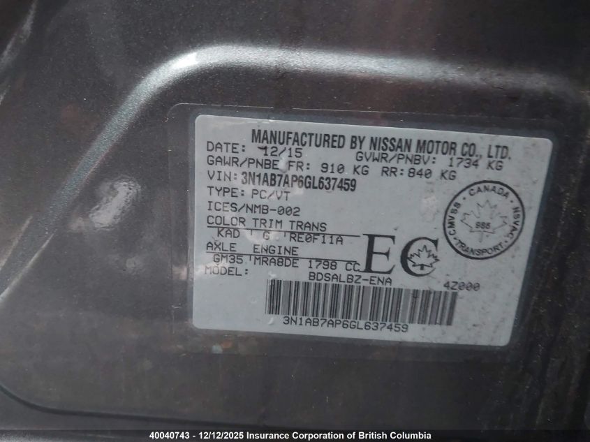 2016 Nissan Sentra S/Sv/Sr/Sl VIN: 3N1AB7AP6GL637459 Lot: 40040743