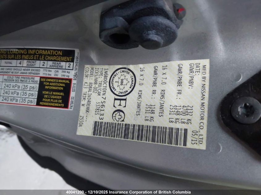 2015 Nissan Frontier S/Sv VIN: 1N6BD0CT0FN756133 Lot: 40041200