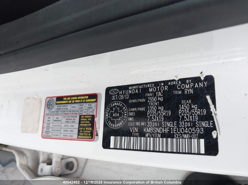 2014 Hyundai Santa Fe Gls VIN: KM8SNDHF1EU040593 Lot: 40042402