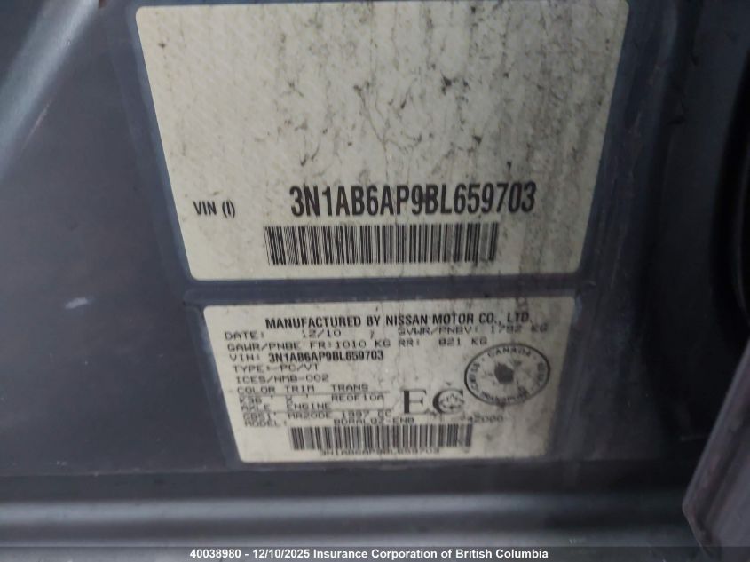 2011 Nissan Sentra 2.0/2.0S/Sr/2.0Sl VIN: 3N1AB6AP9BL659703 Lot: 40038980