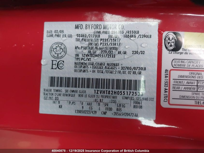 2005 Ford Mustang Gt VIN: 1ZVHT82H055172533 Lot: 40040878