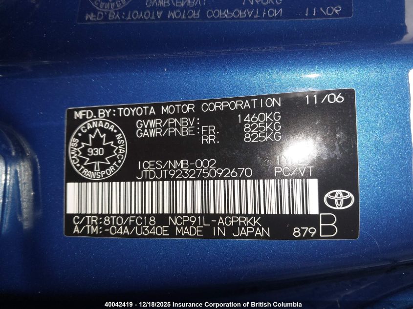 2007 Toyota Yaris VIN: JTDJT923275092670 Lot: 40042419