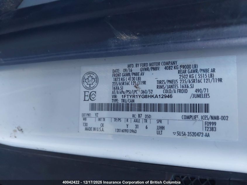 2017 Ford Transit T-250 VIN: 1FTYR1YG8HKA12946 Lot: 40042422