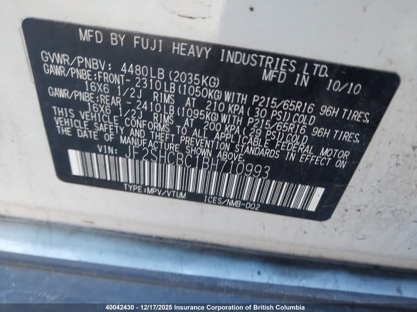 JF2SHCBC1BH710993 2011 SUBARU FORESTER photo no. 9