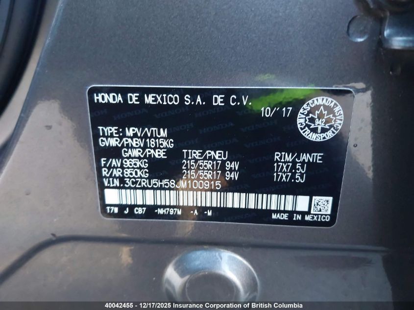 2018 Honda Hr-V VIN: 3CZRU5H58JM100915 Lot: 40042455