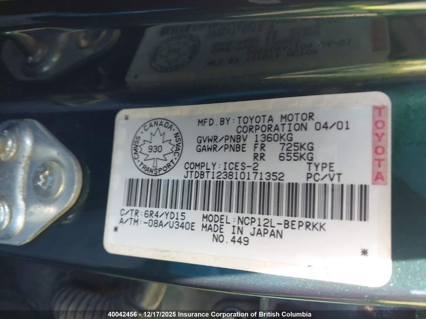 JTDBT123810171352 2001 TOYOTA ECHO photo no. 9