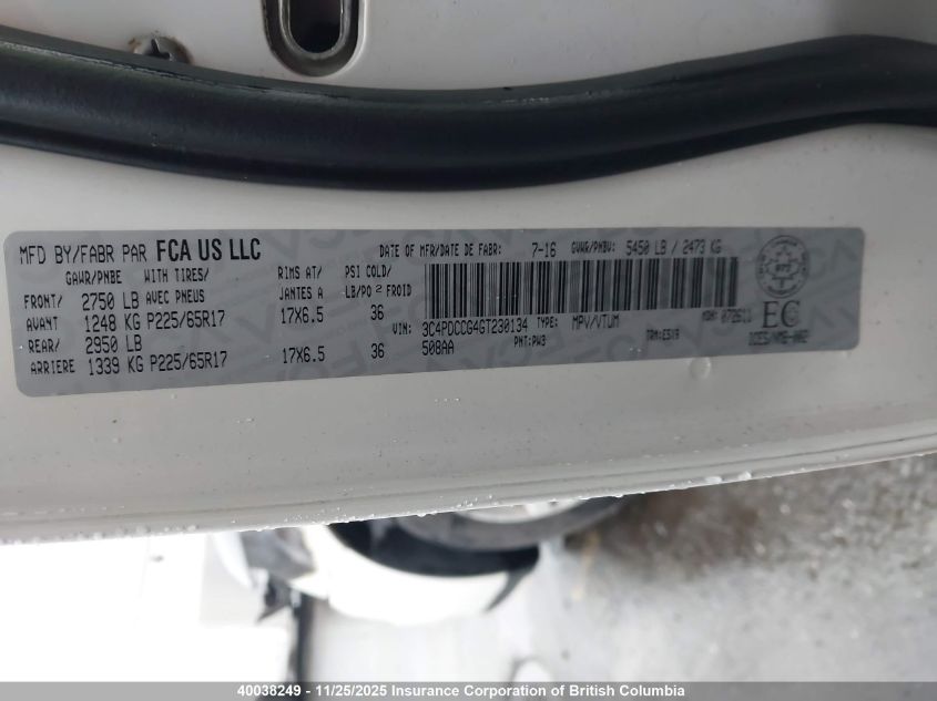 2016 Dodge Journey Sxt/Limited VIN: 3C4PDCCG4GT230134 Lot: 40038249