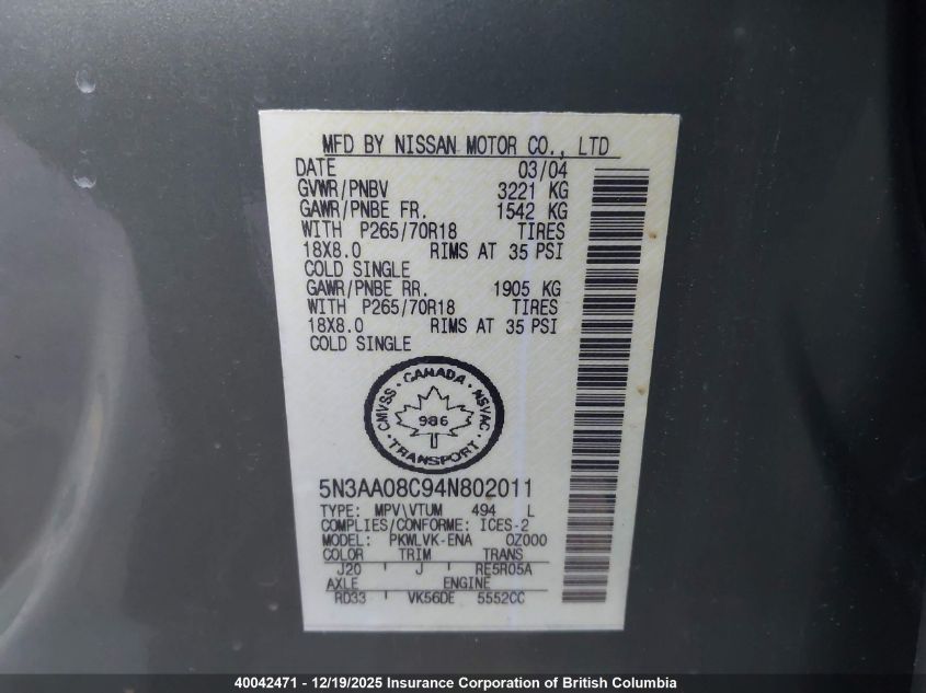 2004 Infiniti Qx56 VIN: 5N3AA08C94N802011 Lot: 40042471