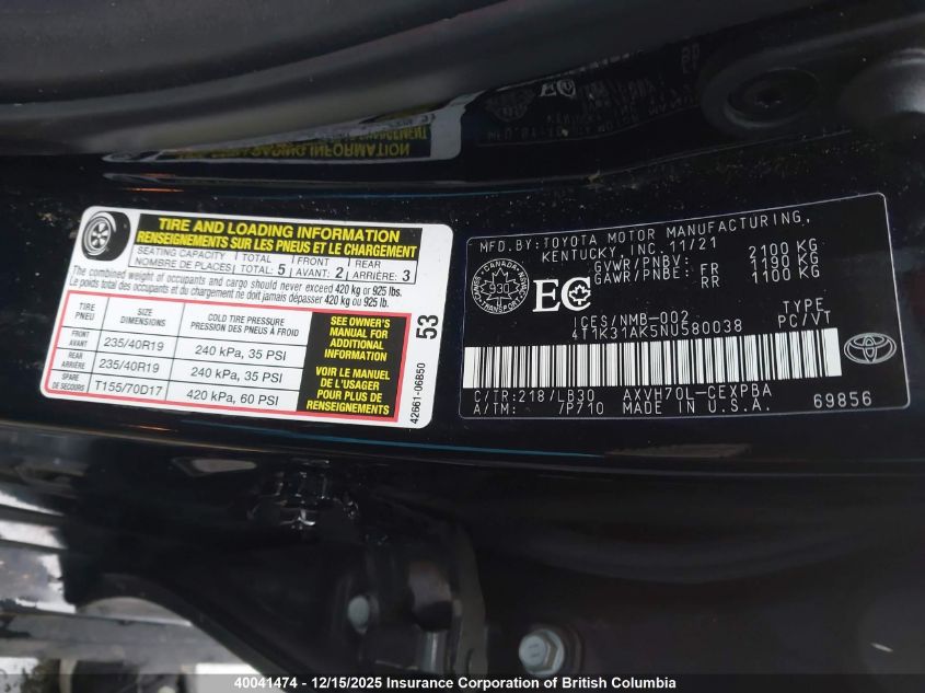 2022 Toyota Camry Xse VIN: 4T1K31AK5NU580038 Lot: 40041474