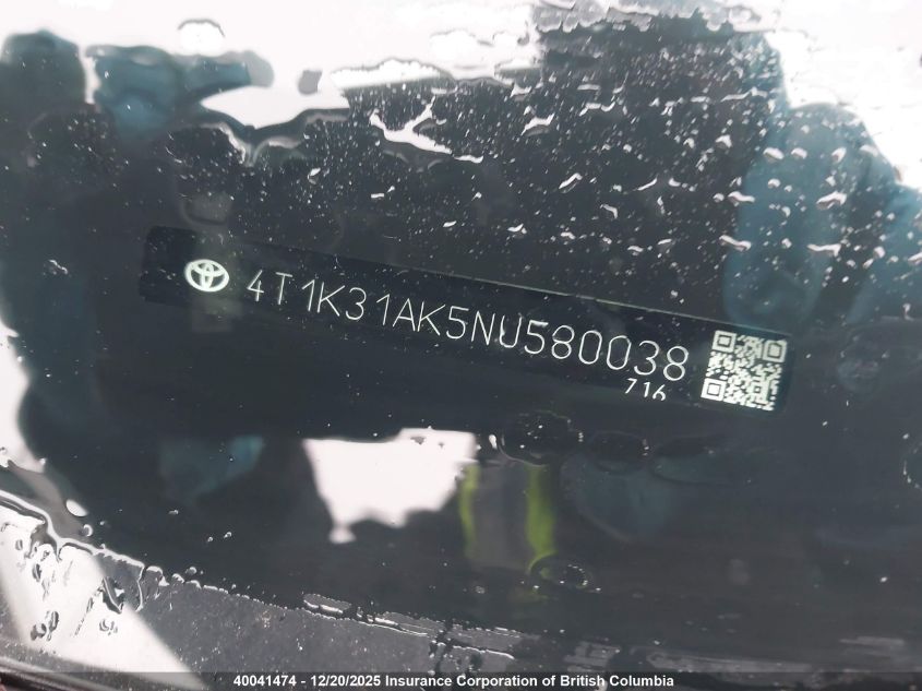 2022 Toyota Camry Xse VIN: 4T1K31AK5NU580038 Lot: 40041474