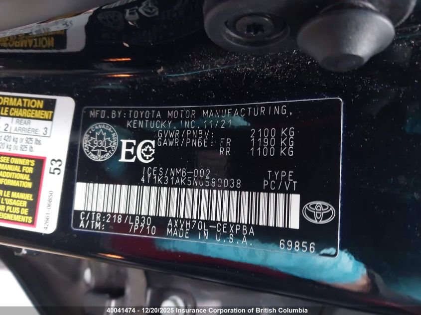 2022 Toyota Camry Xse VIN: 4T1K31AK5NU580038 Lot: 40041474