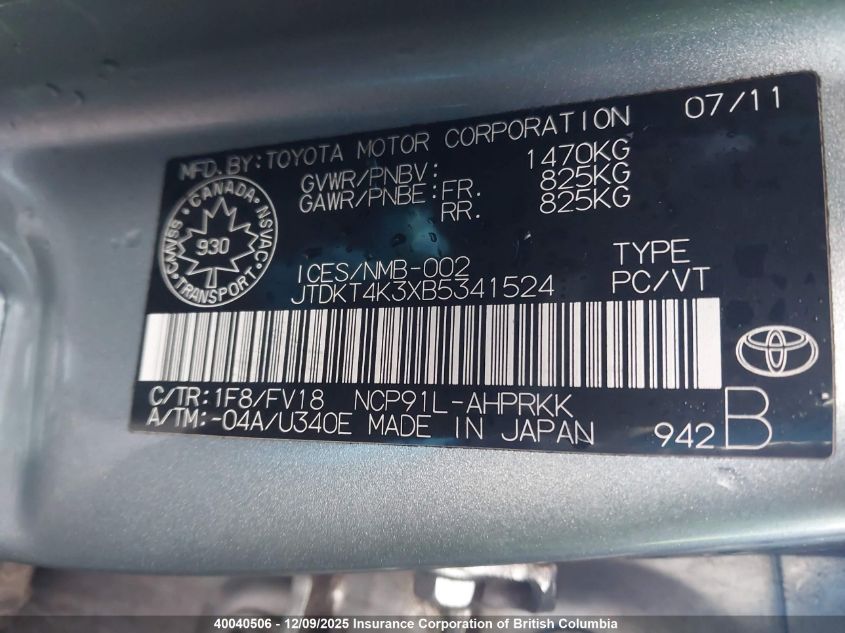 2011 Toyota Yaris VIN: JTDKT4K3XB5341524 Lot: 40040506