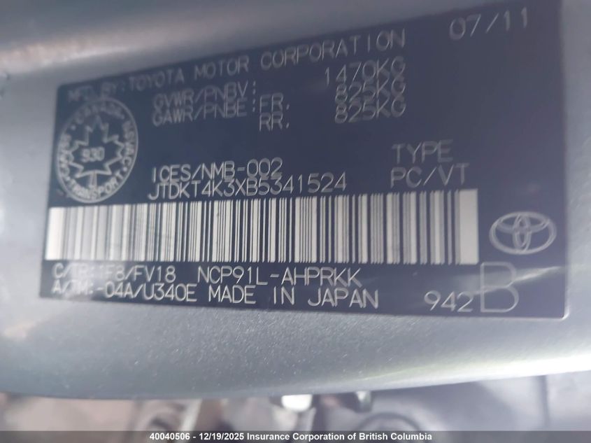 2011 Toyota Yaris VIN: JTDKT4K3XB5341524 Lot: 40040506