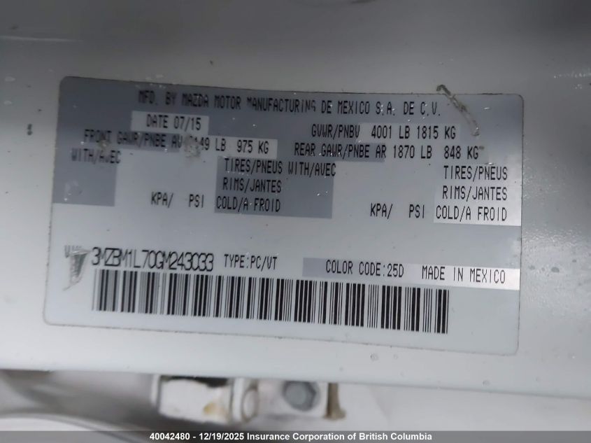 2016 Mazda 3 Touring VIN: 3MZBM1L70GM243033 Lot: 40042480