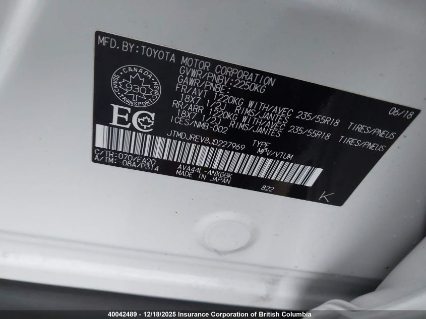 2018 Toyota Rav4 VIN: JTMDJREV8JD227969 Lot: 40042489