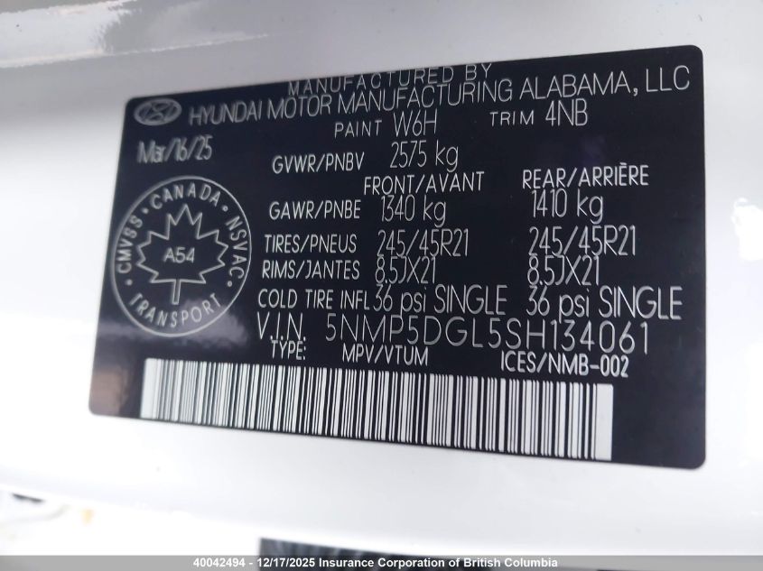 2025 Hyundai Santa Fe Calligraphy VIN: 5NMP5DGL5SH134061 Lot: 40042494