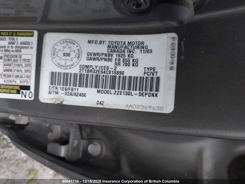 2004 Toyota Corolla Ce/Le/S VIN: 2T1BR32E64C815890 Lot: 40041716