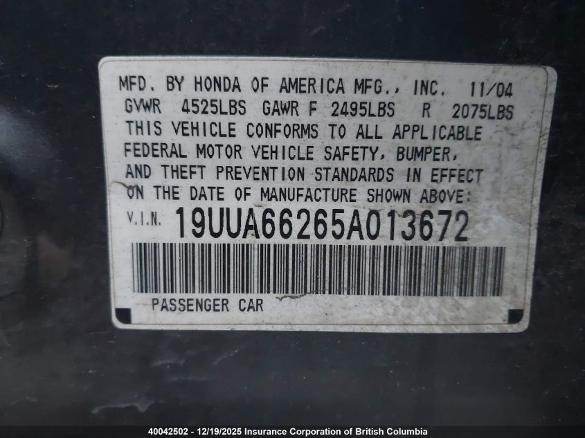 2005 Acura Tl VIN: 19UUA66265A013672 Lot: 40042502