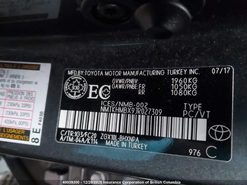 2018 Toyota C-Hr Xle/Xle Premium VIN: NMTKHMBX9JR027309 Lot: 40039300