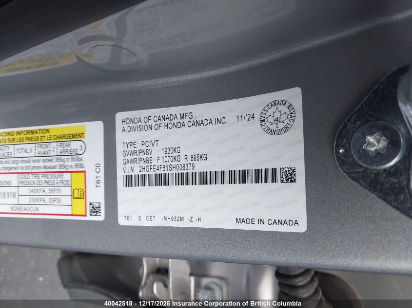 2025 Honda Civic VIN: 2HGFE4F81SH008379 Lot: 40042518