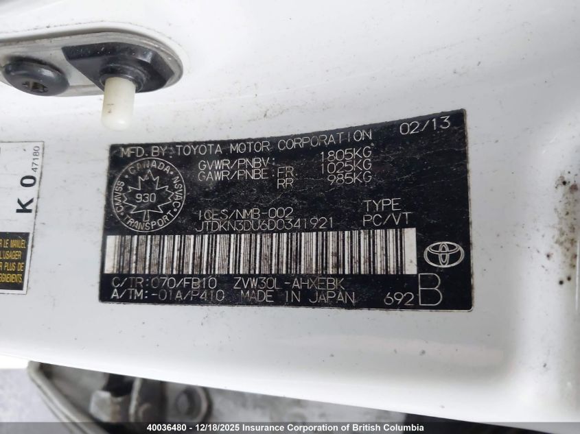 2013 Toyota Prius VIN: JTDKN3DU6D0341921 Lot: 40036480