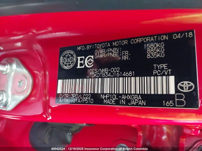 2018 Toyota Prius VIN: JTDKDTB34J1614681 Lot: 40042524