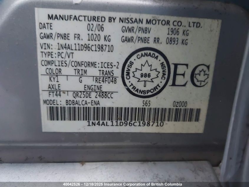 2006 Nissan Altima S/Sl VIN: 1N4AL11D96C198710 Lot: 40042526