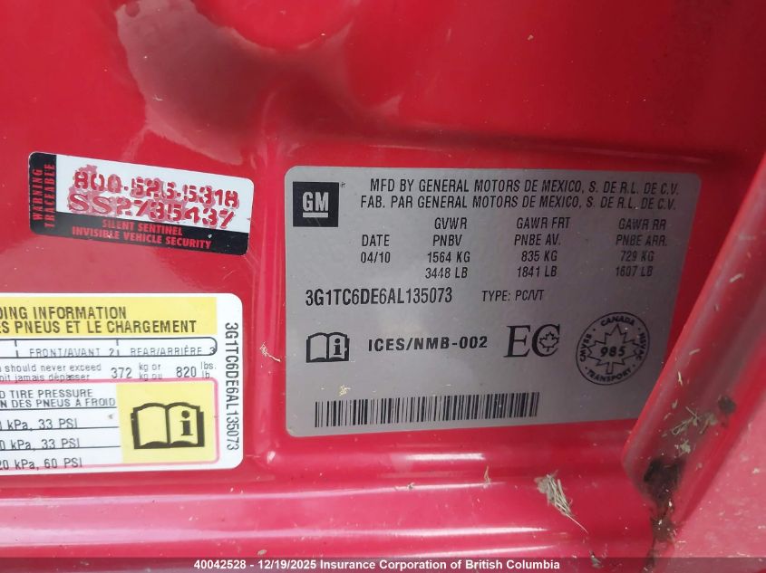 2010 Chevrolet Aveo VIN: 3G1TC6DE6AL135073 Lot: 40042528