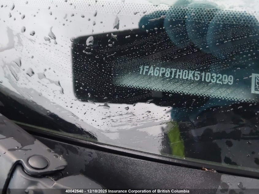 2019 Ford Mustang VIN: 1FA6P8TH0K5103209 Lot: 40042540