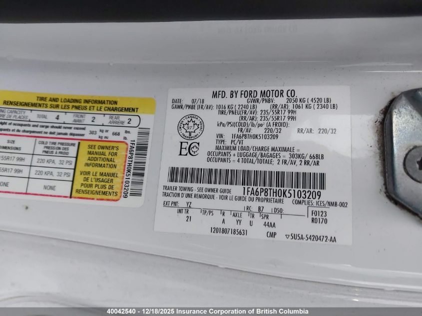 2019 Ford Mustang VIN: 1FA6P8TH0K5103209 Lot: 40042540