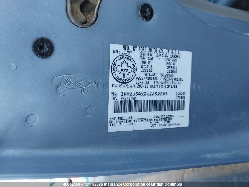 1FMZU34X2WZA52203 1998 FORD EXPLORER photo no. 9