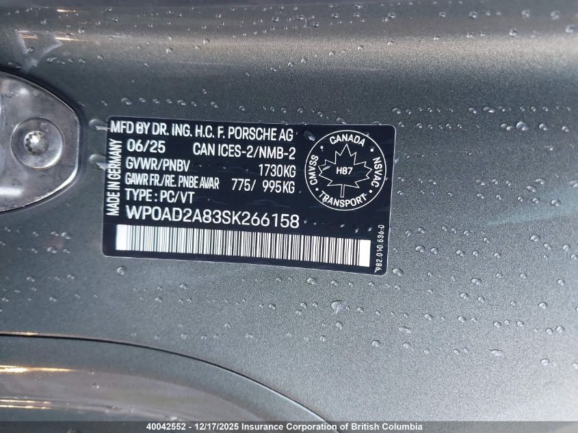 2025 Porsche 718 Cayman Gts 4.0 VIN: WP0AD2A83SK266158 Lot: 40042552