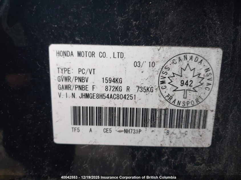 2010 Honda Fit VIN: JHMGE8H54AC804251 Lot: 40042553