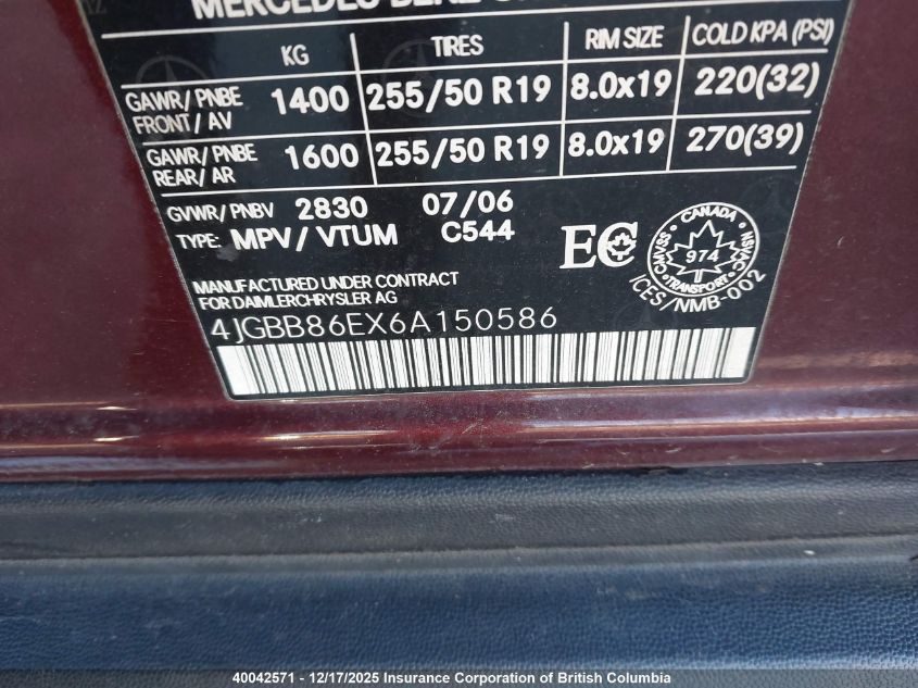 2006 Mercedes-Benz Ml 350 VIN: 4JGBB86EX6A150586 Lot: 40042571