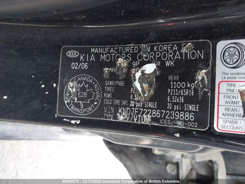 KNDJF722867239886 2006 KIA SPORTAGE photo no. 9