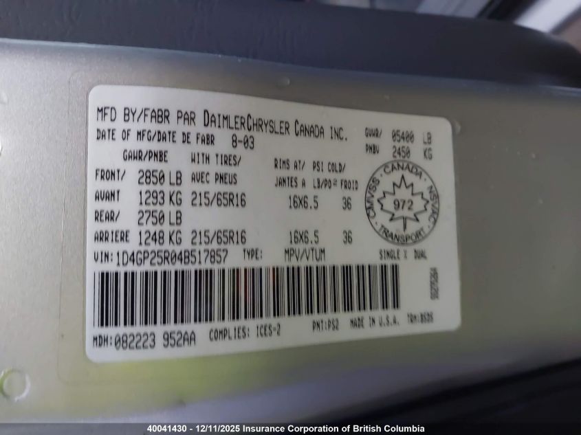 2004 Dodge Caravan Se VIN: 1D4GP25R04B517857 Lot: 40041430