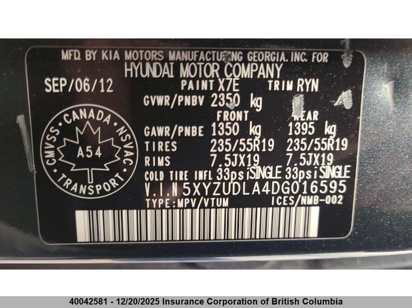 2013 Hyundai Santa Fe Sport VIN: 5XYZUDLA4DG016595 Lot: 40042581