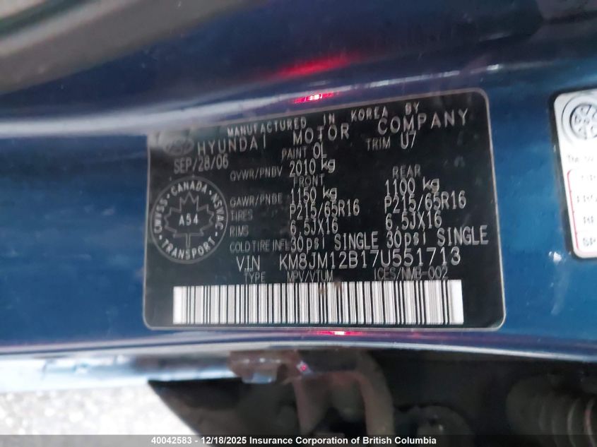 2007 Hyundai Tucson Gls VIN: KM8JM12B17U551713 Lot: 40042583