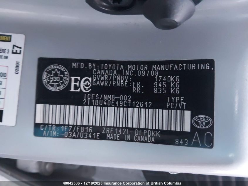 2009 Toyota Corolla S/Le/Xle VIN: 2T1BU40E49C112612 Lot: 40042586