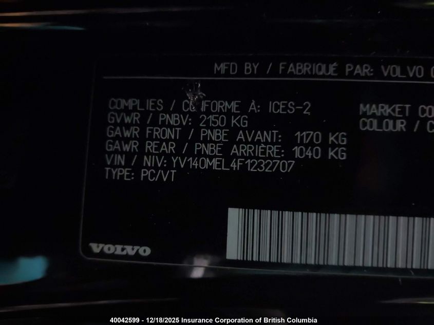 2015 Volvo V60 VIN: YV140MEL4F1232707 Lot: 40042599