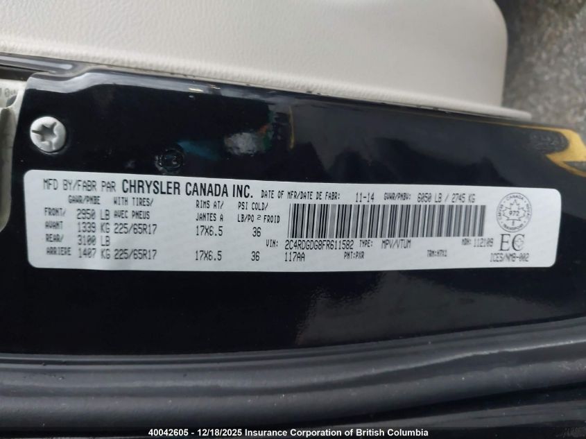 2015 Dodge Grand Caravan Crew VIN: 2C4RDGDG8FR611582 Lot: 40042605