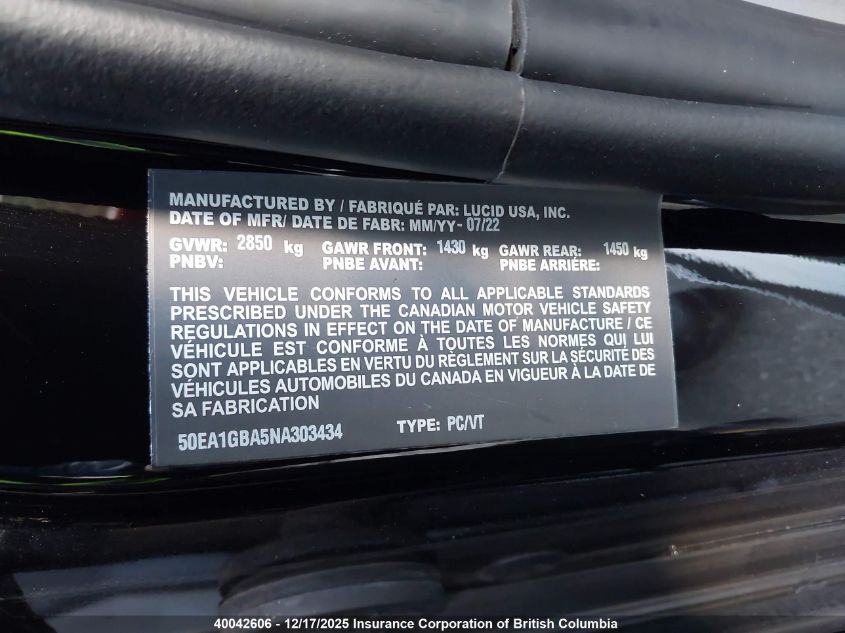 2022 Lucid Air Grand Touring VIN: 50EA1GBA5NA303434 Lot: 40042606