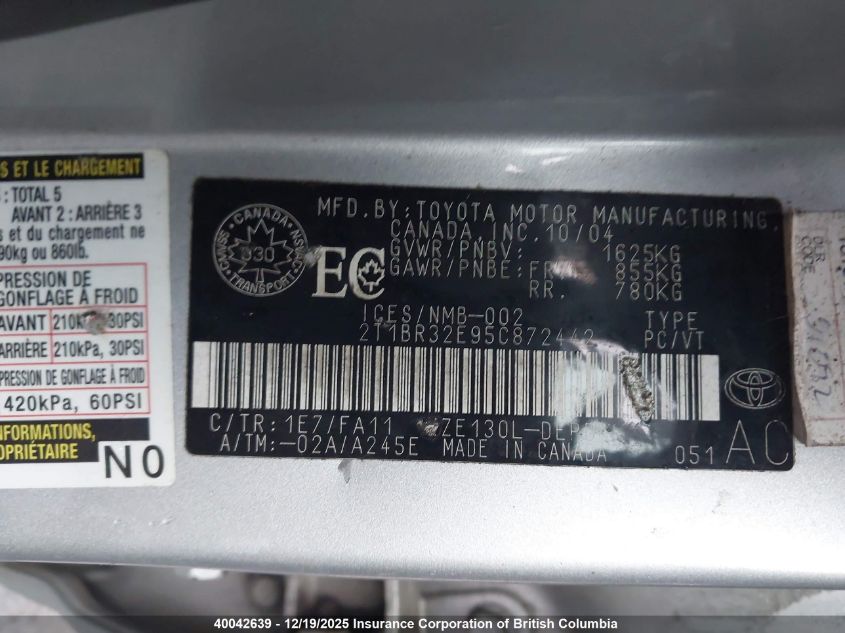 2005 Toyota Corolla Ce/Le/S VIN: 2T1BR32E95C872442 Lot: 40042639